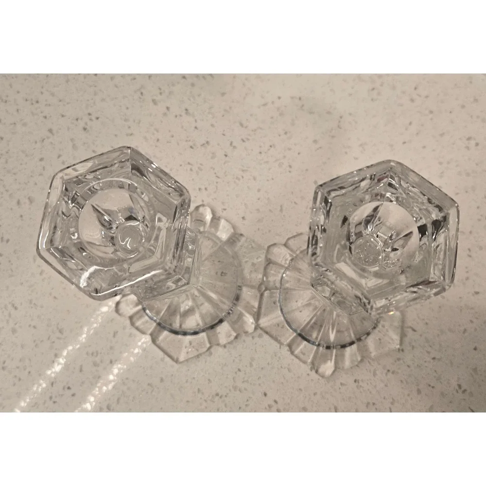 Vintage Clear Cut Glass‎ Taper Candle Holders Pair Faceted Crystal Style
